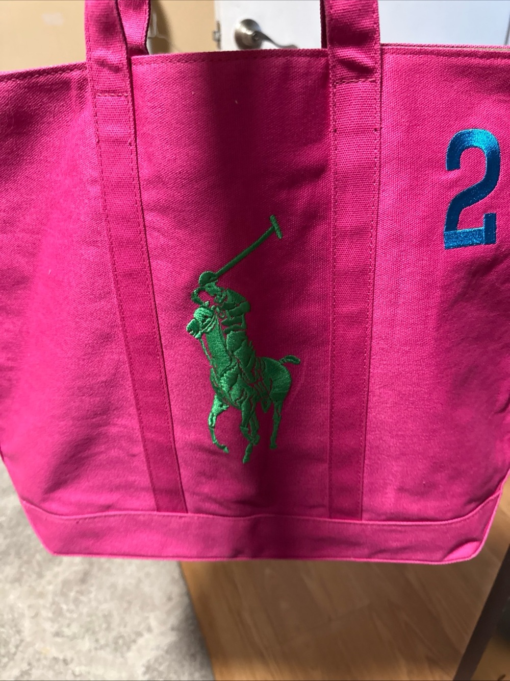 Ralph Lauren Fuchsia Canvas Tote with Green Polo Motif and Blue '2'NEW - Picture 14 of 16